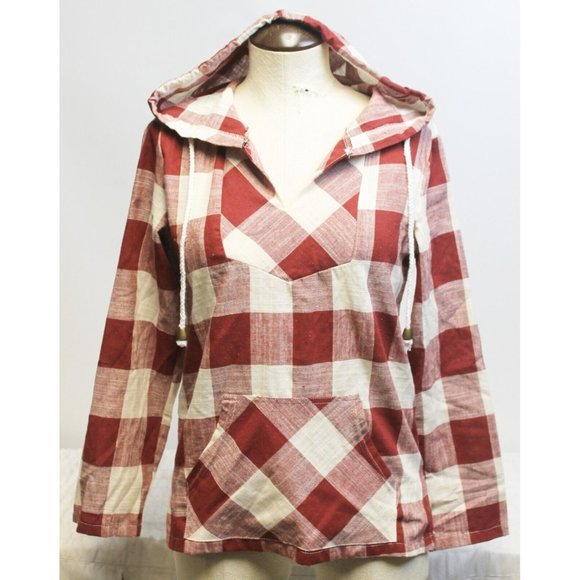 Lucky Red White Plaid Pull Over Hoodie Western Mexican Style Womens Size Medium - Picture 1 of 7